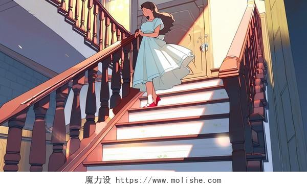 楼梯上一个穿着裙子的女孩AI绘本插画